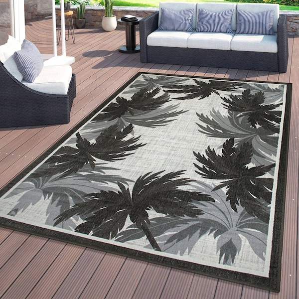 World Rug Gallery Tropical Floral Border Flatweave Indoor/Outdoor Area Rug 5' X 7' Gray 9012GRAY5X7 - main